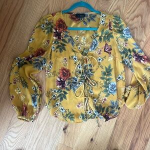 Silky Tye front blouse in gold floral boho style